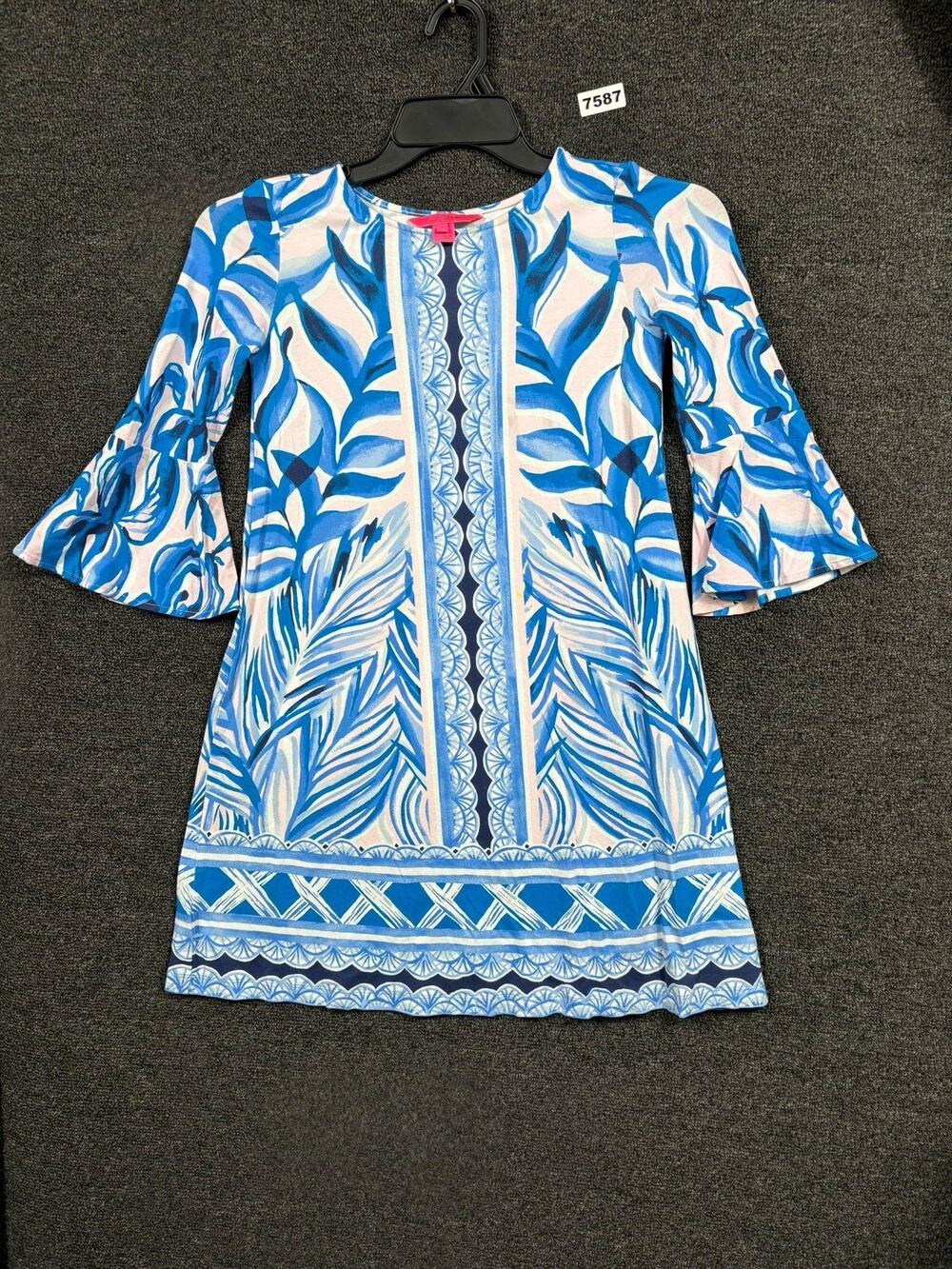 Lilly Pulitzer Dress Womens Sz XXS Blue Floral Bell Sleeve Shift Tropical Print